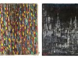 two paintings of different colors and shapes on a white background