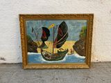 une image d'un tableau représentant un bateau sur l'eau