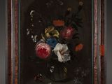 painting of flowers in a glass vase on a table
