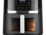 a black air fryer with a digital display on top of it