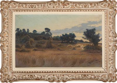 l'image d'une peinture d'un champ avec des arbres en arrière-plan