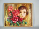 un tableau représentant une femme tenant un bouquet de roses