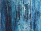 an oil painting of a blue waterfall in the middle of a lake