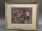 tableau représentant un vase de fleurs dans un cadre doré sur fond gris
