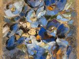 painting of blue flowers in a blue vase on a table
