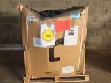 a cardboard box on a pallet with a sticker on it