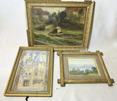 trois tableaux encadrés représentant un château et une fontaine sur fond blanc