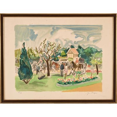 aquarelle encadrée représentant une calèche devant une maison