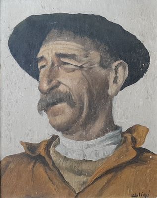 tableau représentant un homme portant un chapeau et une veste marron