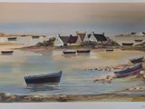 a picture of a painting of boats on the water