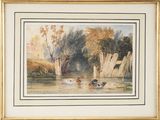 painting of ducks swimming in a river with trees in the background