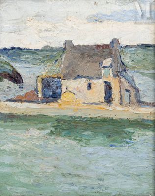 an image of a painting of a house by the water