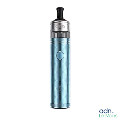 an image of a blue vape with a black top and a silver bottom