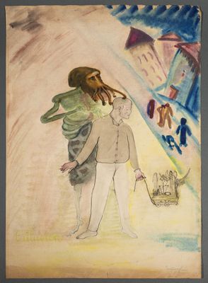 une image représentant un tableau dans lequel un homme et une femme marchent dans une rue