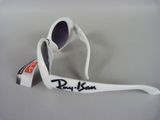 ray bans white sunglasses with purple lenses on a white surface
