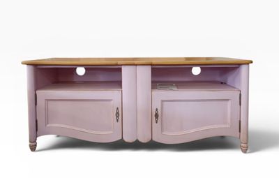 lavender painted tv stand with two doors and drawers