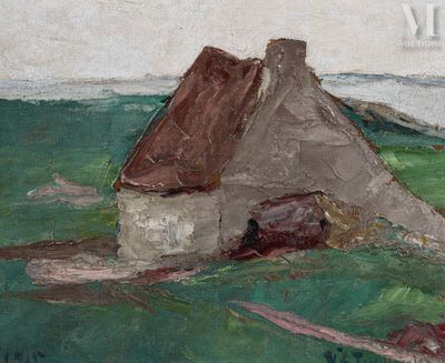 a painting of a house in the middle of a field
