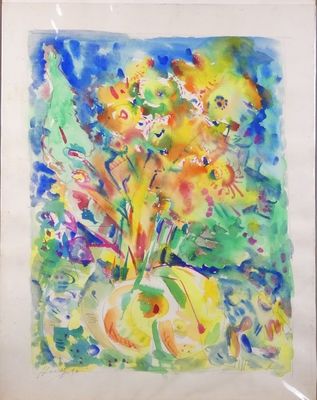 Tableau: technique mixte aquarelle/crayon -composition flora…