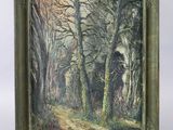 une peinture à l'huile représentant une scène forestière avec des arbres et un sentier