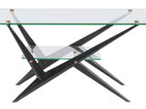 a glass coffee table with black legs and a glass top