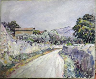 une image représentant un tableau d'un chemin de terre dans une région montagneuse