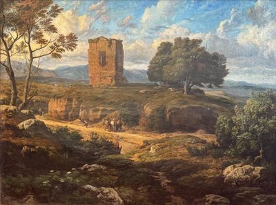 a painting of a castle in the middle of a field
