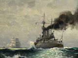 une image représentant un tableau où l'on voit deux navires en mer