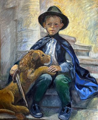 tableau représentant un jeune garçon assis sur une marche avec un chien