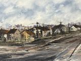 une peinture représentant une rue avec des maisons en arrière-plan