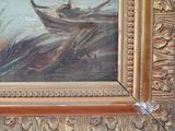 une peinture représentant un homme dans un bateau sur l'eau