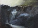 an oil painting of a waterfall in the middle of a mountain