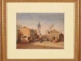 painting of a street scene with people and buildings in the background