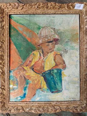 an oil painting of a child with a bucket on a wooden floor