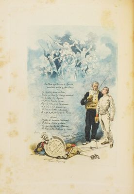 an old book with a drawing of a man and a woman standing next to each other