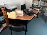 a desk with a computer and a printer on it