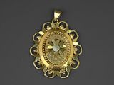 an image of a gold pendant with a clock in the center