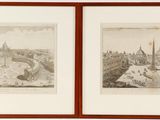 two framed drawings of a view of a city with a church in the background