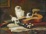 tableau représentant trois chatons jouant avec une guitare posée sur une table