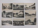 several old black and white photographs of a town with buildings