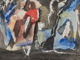 un tableau représentant une femme debout devant un groupe d'arbres