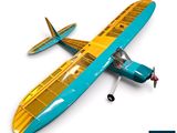 a blue and yellow model of a plane on a white surface