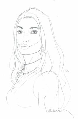 croquis au crayon représentant une femme aux cheveux longs portant une chemise à col
