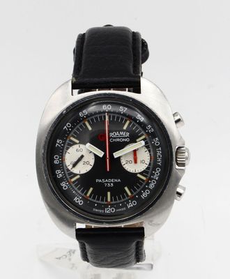 a close up of a wrist watch with a black dial