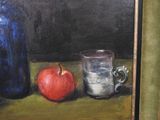 a painting of an apple and a glass on a table