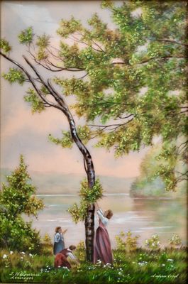 tableau représentant une femme et deux enfants assis sous un arbre au bord de l'eau