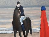 a painting of a man riding a horse on the beach