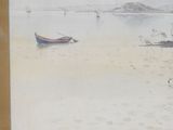a picture of a painting of a boat on the beach