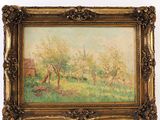 une peinture à l'huile représentant un paysage avec des arbres et une maison en arrière-plan