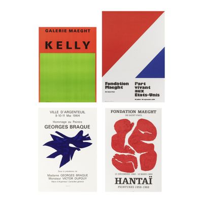 quatre affiches différentes, de couleurs et de motifs variés, sur fond blanc