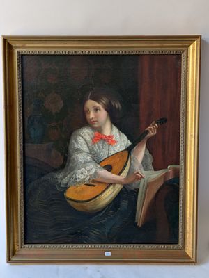 painting of a woman with a lute in a gold frame on a white wall